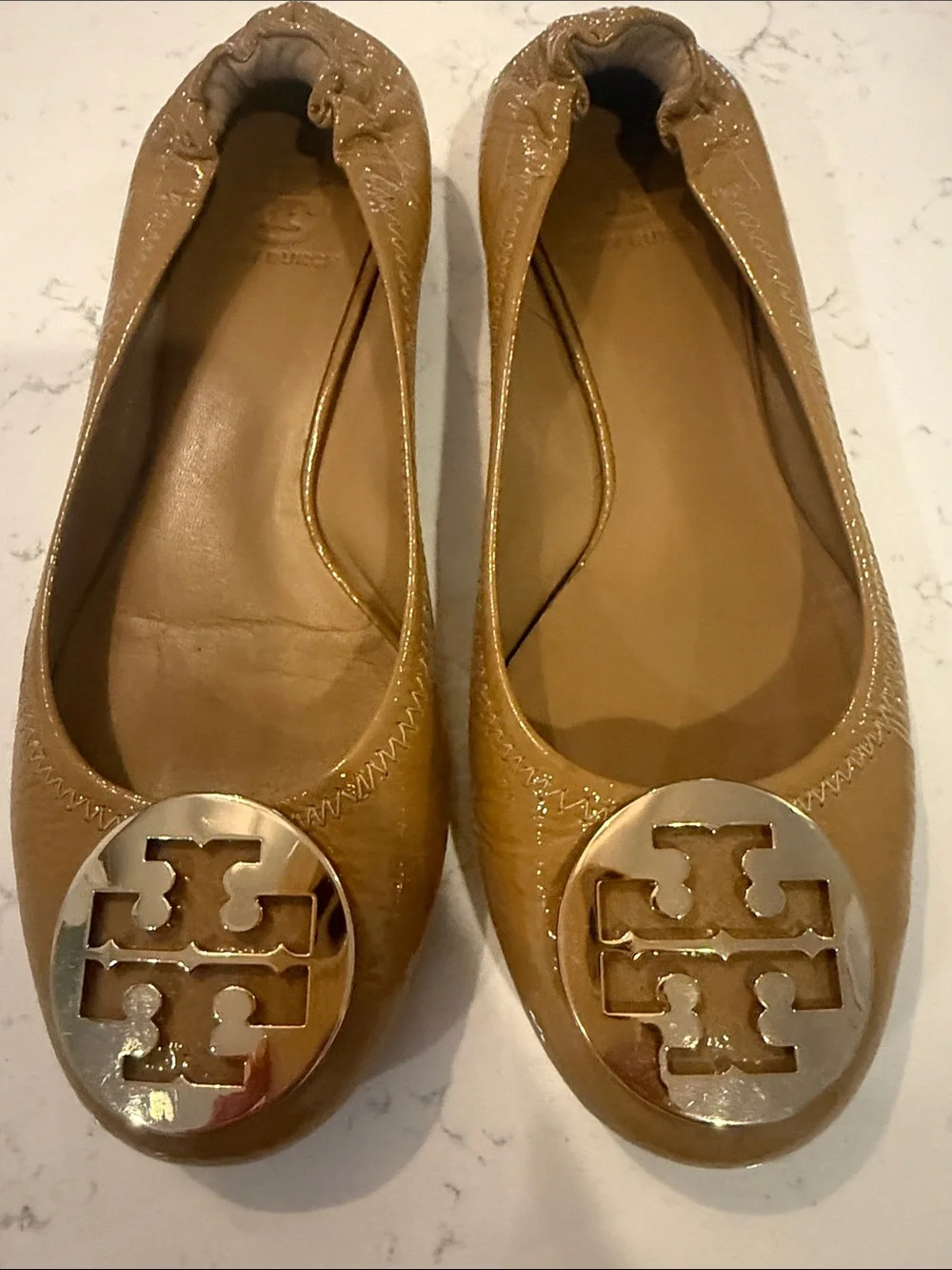 Tory Burch Caramel Patent Leather Logo Ballet Flats